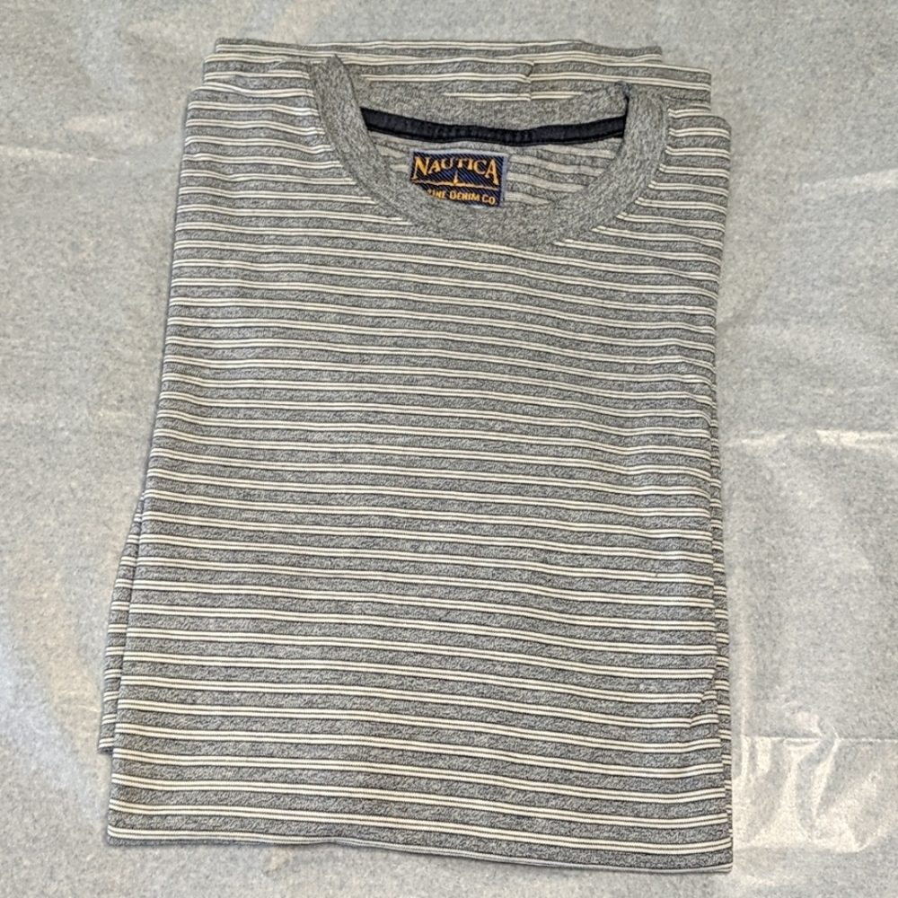 Nautica Marine Denim Co Blue striped mens Tee L